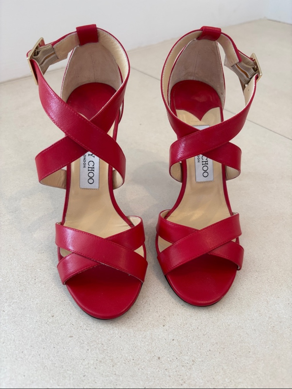 Jimmy Choo Red Crisscross Leather Ankle-Strap Heels